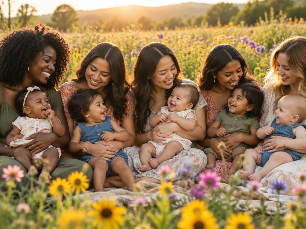 A diverse group of mothers sitting together in a field of wildflowers, each holding their babies and toddlers